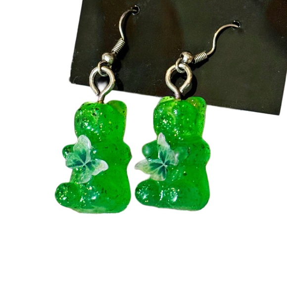 Green Glam Gummy Bear Butterfly Resin Earrings - Picture 2 of 9